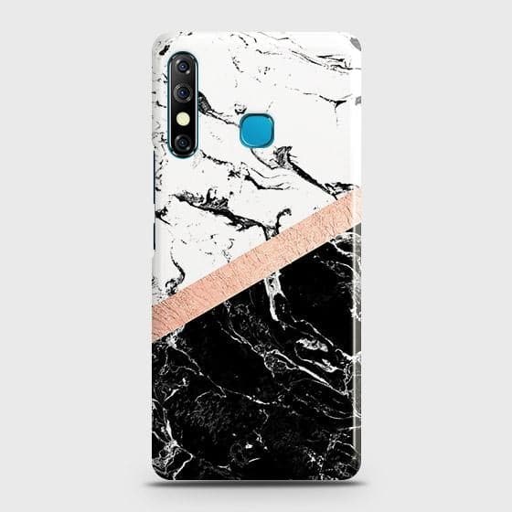 Infinix Hot 8 Cover - Black & White Marble With Chic RoseGold Strip Case with Life Time Colors Guarantee