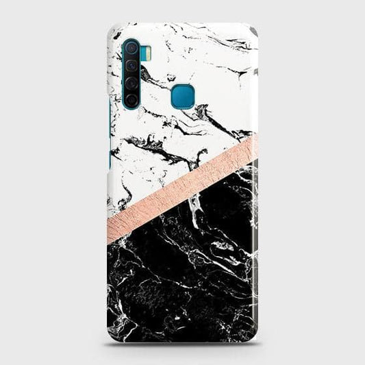 Infinix S5 Cover - Black & White Marble With Chic RoseGold Strip Case with Life Time Colors Guarantee