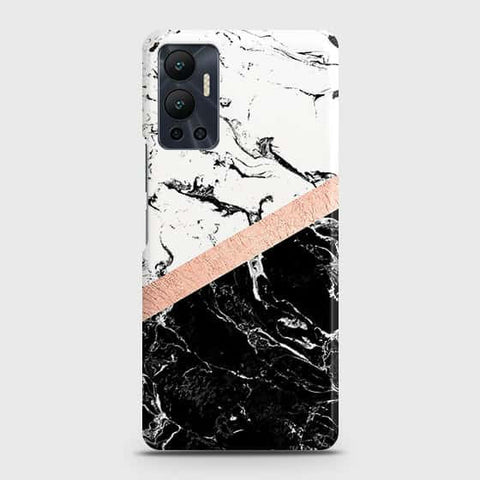 Infinix Hot 12 Cover - Black & White Marble With Chic RoseGold Strip Case with Life Time Colors Guarantee