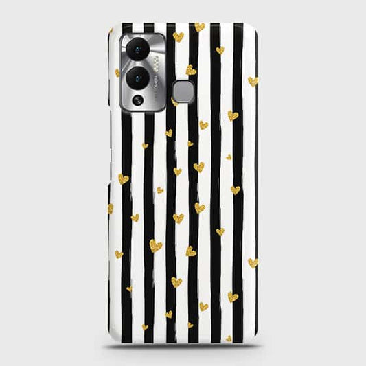 Infinix Hot 12 Play Cover - Trendy Black & White Lining With Golden Hearts Printed Hard Case with Life Time Colors Guarantee