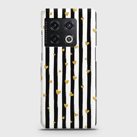 OnePlus 10 Pro Cover - Trendy Black & White Lining With Golden Hearts Printed Hard Case with Life Time Colors Guarantee