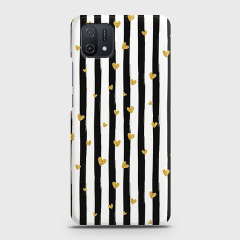 Oppo A16K Cover - Trendy Black & White Lining With Golden Hearts Printed Hard Case with Life Time Colors Guarantee