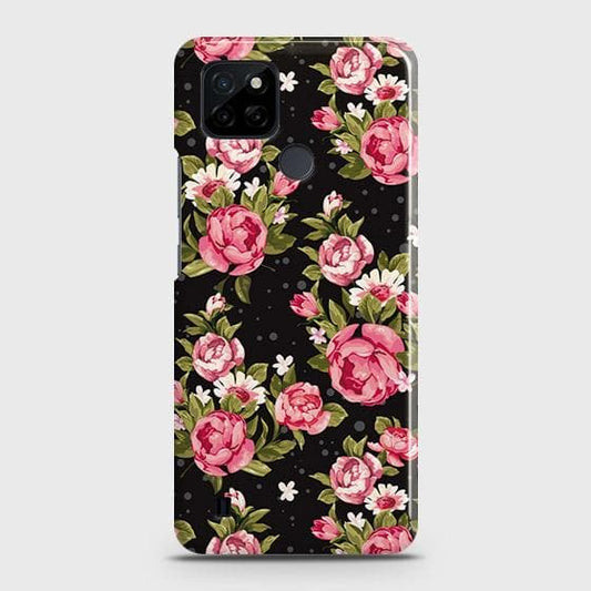 Realme C21Y Cover - Trendy Pink Rose Vintage Flowers Printed Hard Case with Life Time Colors Guarantee