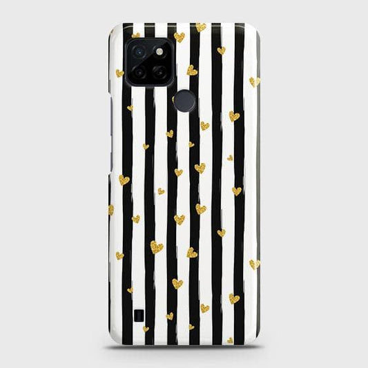 Realme C21Y Cover - Trendy Black & White Strips With Golden Hearts Printed Hard Case with Life Time Colors Guarantee