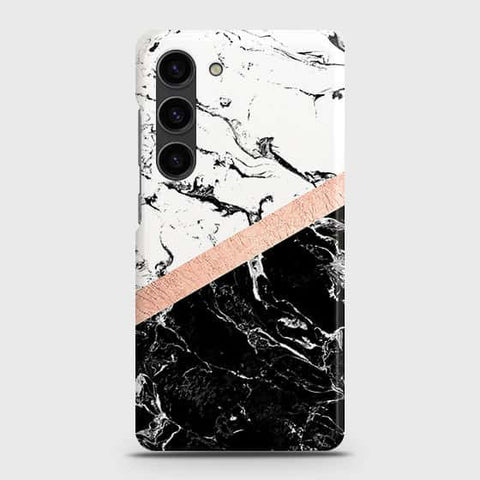 Samsung Galaxy S23 5G Cover - Black & White Marble With Chic RoseGold Strip Case with Life Time Colors Guarantee