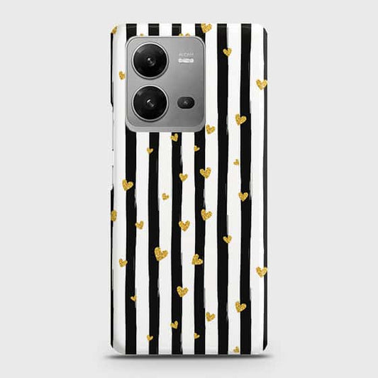 Vivo V25 5G Cover - Trendy Black & White Lining With Golden Hearts Printed Hard Case with Life Time Colors Guarantee