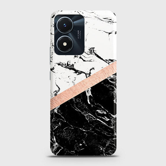 Vivo Y02s Cover - Black & White Marble With Chic RoseGold Strip Case with Life Time Colors Guarantee