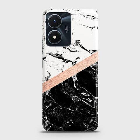 Vivo Y02s Cover - Black & White Marble With Chic RoseGold Strip Case with Life Time Colors Guarantee