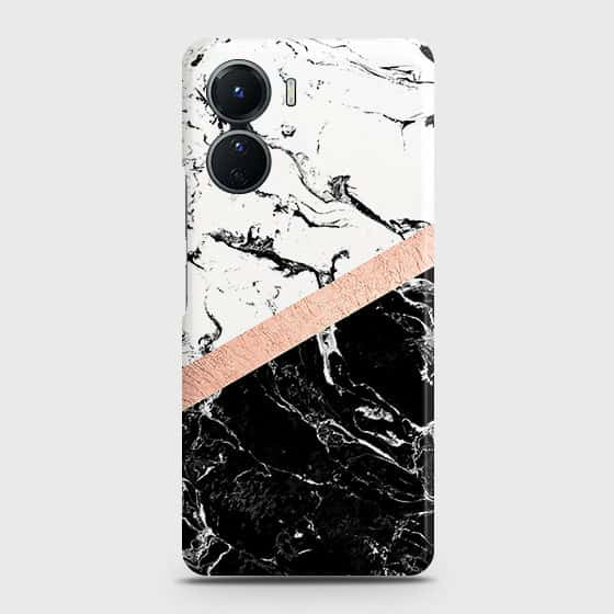 Vivo Y16 Cover - Black & White Marble With Chic RoseGold Strip Case with Life Time Colors Guarantee