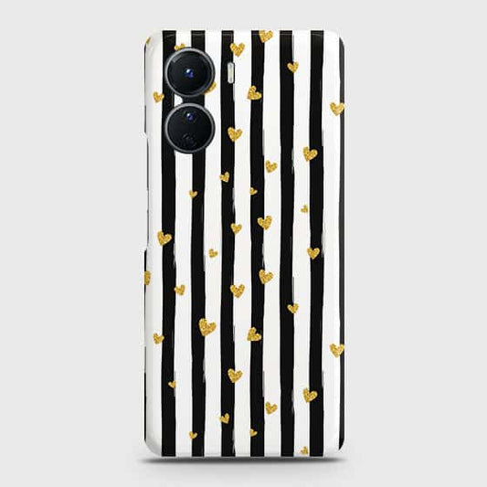 Vivo Y16 Cover - Trendy Black & White Lining With Golden Hearts Printed Hard Case with Life Time Colors Guarantee