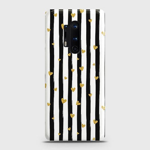 OnePlus 8 Pro Cover - Trendy Black & White Lining With Golden Hearts Printed Hard Case with Life Time Colors Guarantee