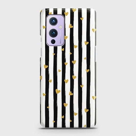 OnePlus 9 Cover - Trendy Black & White Lining With Golden Hearts Printed Hard Case with Life Time Colors Guarantee