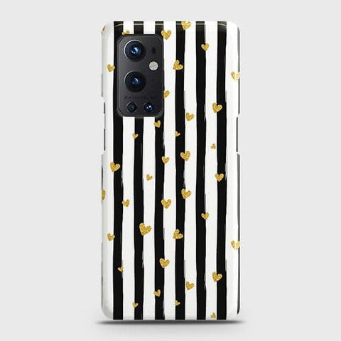 OnePlus 9 Pro Cover - Trendy Black & White Lining With Golden Hearts Printed Hard Case with Life Time Colors Guarantee