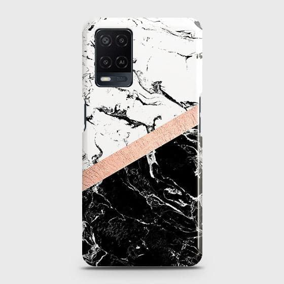 Oppo A54 4G Cover - Black & White Marble With Chic RoseGold Strip Case with Life Time Colors Guarantee