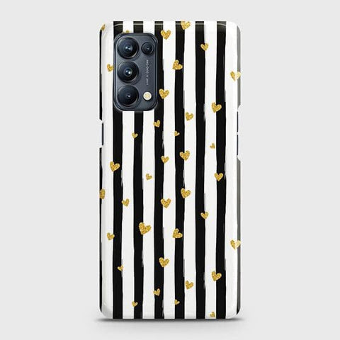 Oppo Reno 5 4G Cover - Trendy Black & White Lining With Golden Hearts Printed Hard Case with Life Time Colors Guarantee