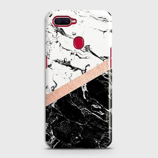 Oppo A12 Cover - Black & White Marble With Chic RoseGold Strip Case with Life Time Colors Guarantee