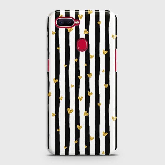 Oppo A12 Cover - Trendy Black & White Lining With Golden Hearts Printed Hard Case with Life Time Colors Guarantee