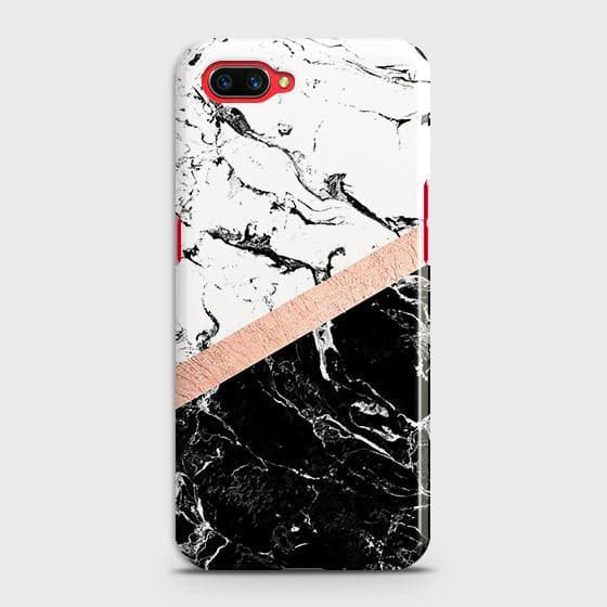Oppo A12e Cover - Black & White Marble With Chic RoseGold Strip Case with Life Time Colors Guarantee