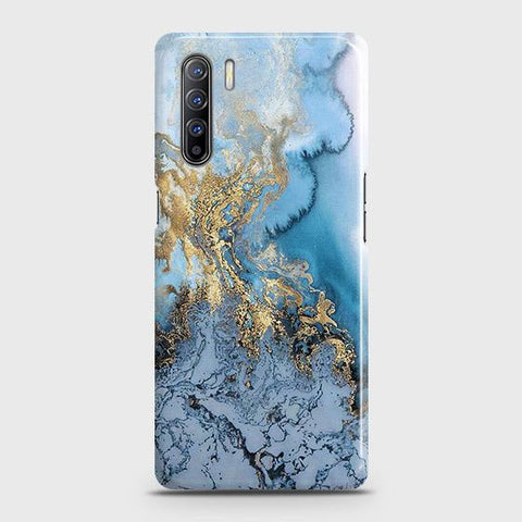 Oppo A91 Cover - Trendy Golden & Blue Ocean Marble Printed Hard Case with Life Time Colors Guarantee