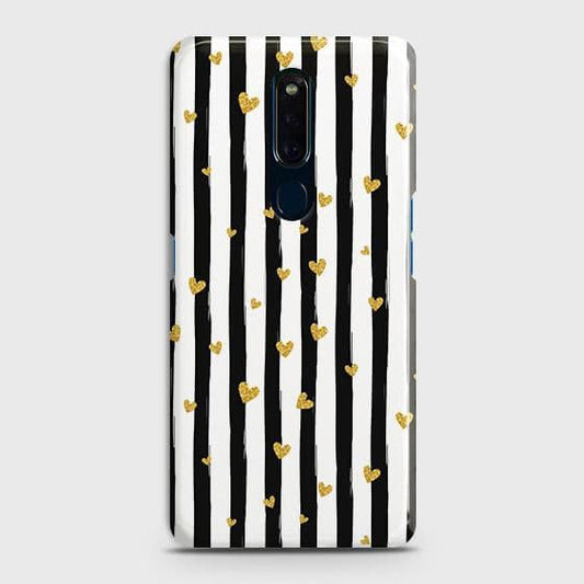 Oppo F11 Cover - Trendy Black & White Lining With Golden Hearts Printed Hard Case with Life Time Colors Guarantee(1)