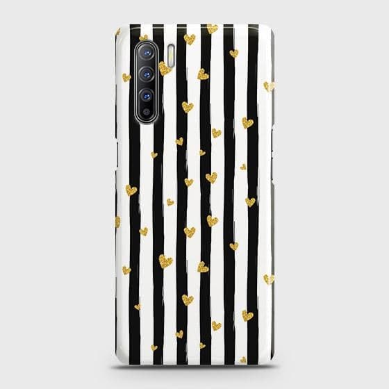 Oppo F15 Cover - Trendy Black & White Lining With Golden Hearts Prin ted Hard Case with Life Time Colors Guarantee