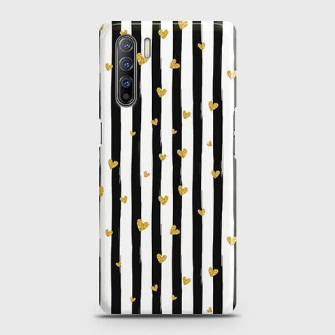 Oppo Reno 3 Cover - Trendy Black & White Lining With Golden Hearts Printed Hard Case with Life Time Colors Guarantee b48