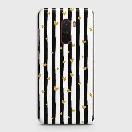 Xiaomi Pocophone F1 Cover - Trendy Black & White Lining With Golden Hearts Printed Hard Case with Life Time Colors Guarantee