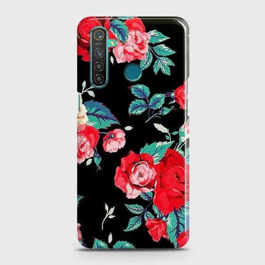 Realme 5 Cover - Luxury Vintage Red Flowers Printed Hard Case with Life Time Colors Guarantee