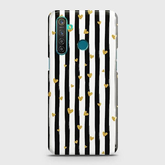 Realme 5 Cover - Trendy Black & White Lining With Golden Hearts Printed Hard Case with Life Time Colors Guarantee