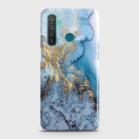 Realme_5s Cover - Trendy Golden & Blue Ocean Marble Printed Hard Case with Life Time Colors Guarantee