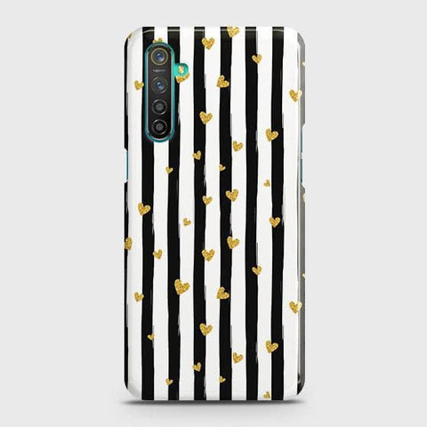 Realme 6s Cover - Trendy Black & White Lining With Golden Hearts Printed Hard Case with Life Time Colors Guarantee