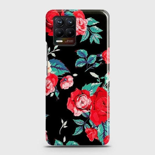 Realme 8 Cover - Luxury Vintage Red Flowers Printed Hard Case with Life Time Colors Guarantee