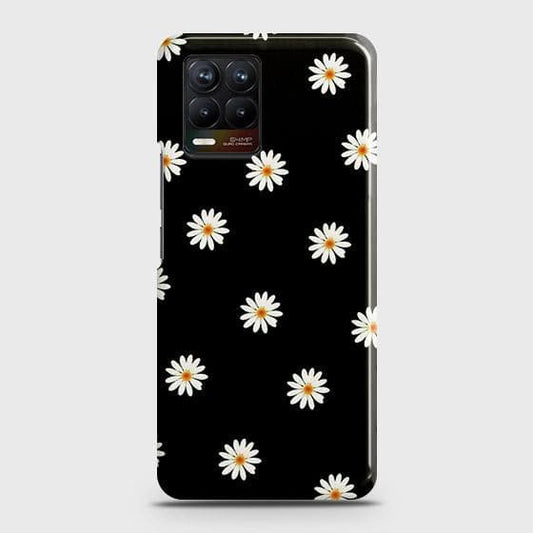 Realme 8 Cover - Matte Finish - White Bloom Flowers with Black Background Printed Hard Case with Life Time Colors Guarantee