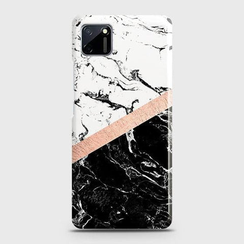 Realme C11 Cover - Black & White Marble With Chic RoseGold Strip Case with Life Time Colors Guarantee