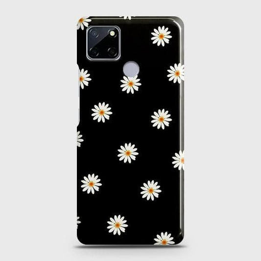 Realme C12 Cover - Matte Finish - White Bloom Flowers with Black Background Printed Hard Case with Life Time Colors Guarantee