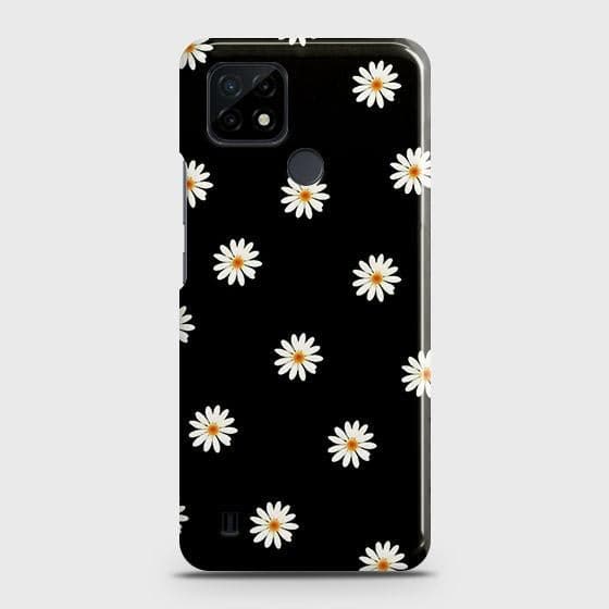 Realme C21 Cover - Matte Finish - White Bloom Flowers with Black Background Printed Hard Case with Life Time Colors Guarantee