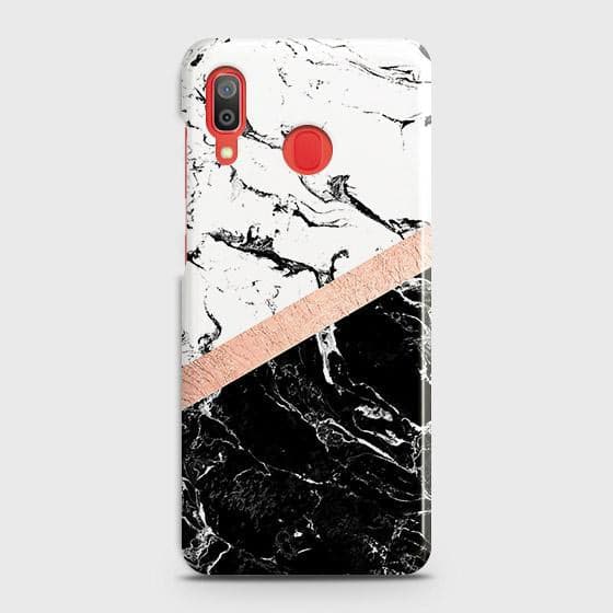 SAMSUNG GALAXY A20 Cover - Black & White Marble With Chic RoseGold Strip Case with Life Time Colors Guarantee