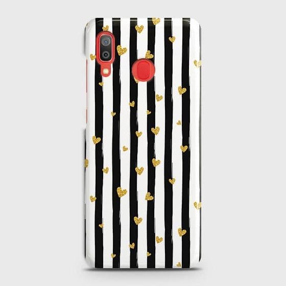 SAMSUNG GALAXY A30 Cover - Trendy Black & White Lining With Golden Hearts Printed Hard Case with Life Time Colors Guarantee