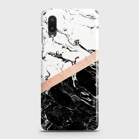 Samsung Galaxy A02 Cover - Black & White Marble With Chic RoseGold Strip Case with Life Time Colors Guarantee