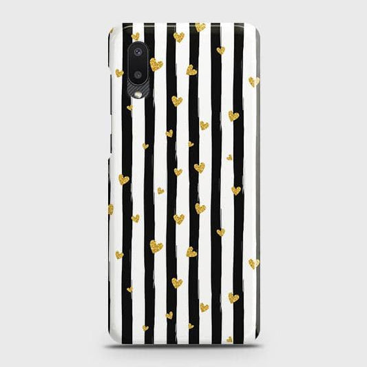 Samsung Galaxy A02 Cover - Trendy Black & White Lining With Golden Hearts Printed Hard Case with Life Time Colors Guarantee