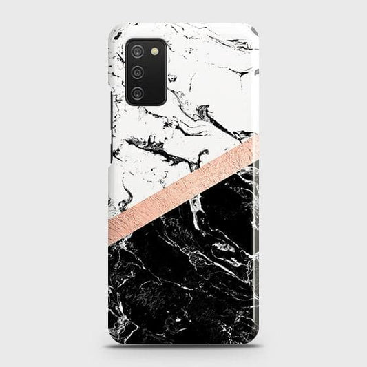 Samsung Galaxy A03s Cover - Black & White Marble With Chic RoseGold Strip Case with Life Time Colors Guarantee