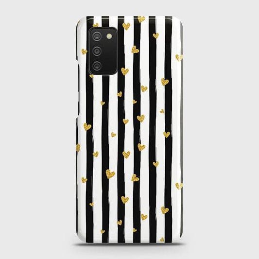 Samsung Galaxy A03s Cover - Trendy Black & White Strips With Golden Hearts Printed Hard Case with Life Time Colors Guarantee