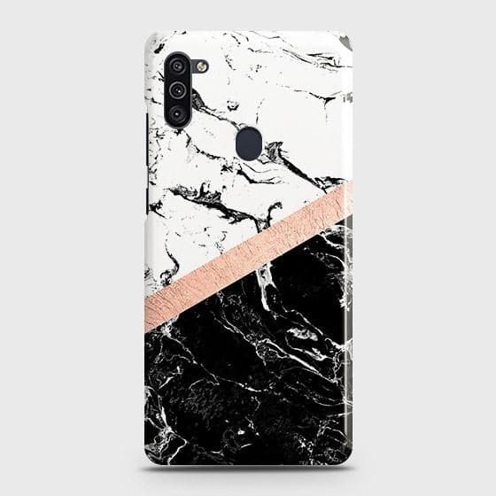 Samsung Galaxy A11 Cover - Black & White Marble With Chic RoseGold Strip Case with Life Time Colors Guarantee