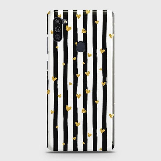 Samsung Galaxy A11 Cover - Trendy Black & White Lining With Golden Hearts Printed Hard Case with Life Time Colors Guarantee