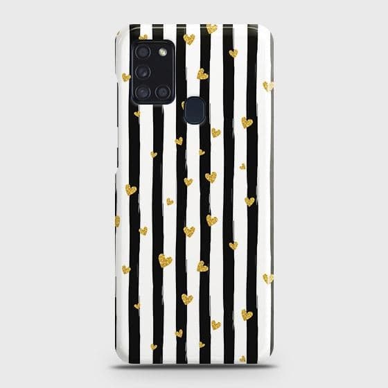 Samsung Galaxy A21s Cover - Trendy Black & White Lining With Golden Hearts Printed Hard Case with Life Time Colors Guarantee