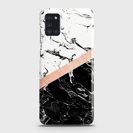 Samsung Galaxy A31 Cover - Black & White Marble With Chic RoseGold Strip Case with Life Time Colors Guarantee