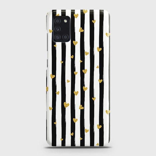 Samsung Galaxy A31 Cover - Trendy Black & White Lining With Golden Hearts Printed Hard Case with Life Time Colors Guarantee