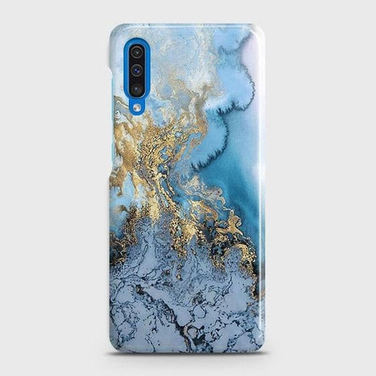 Samsung Galaxy A50s Cover - Trendy Golden & Blue Ocean Marble Printed Hard Case with Life Time Colors Guarantee