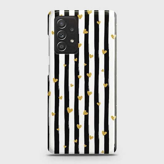 Samsung Galaxy A52 Cover - Trendy Black & White Lining With Golden Hearts Printed Hard Case with Life Time Colors Guarantee