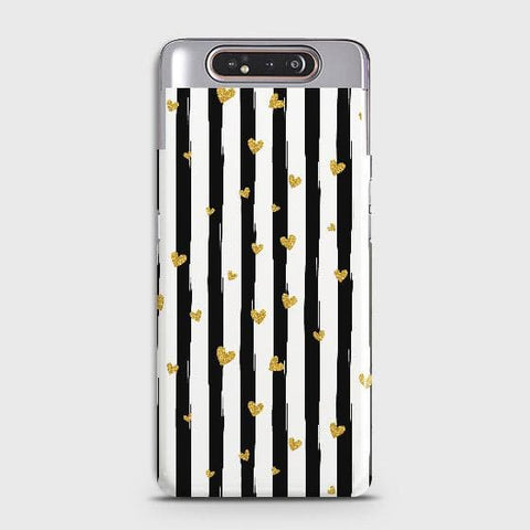 Samsung Galaxy A80 Cover - Trendy Black & White Lining With Golden Hearts Printed Hard Case with Life Time Colors Guarantee